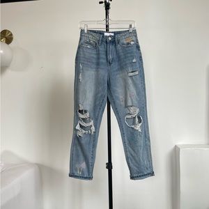 Vervet, mushroom embroidered boyfriend jeans. Rip and paint details, 25” waist